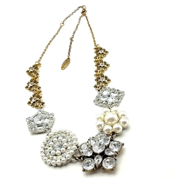 Plunder Statement Necklace Mixed Metal Gold Silver Crystal Pearl Chunky Chain - Picture 2 of 16